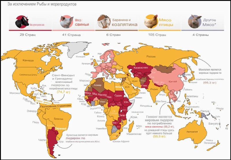 Карта потребления мяса по странам и видам