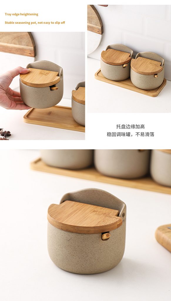 Японская керамическая банка для приправ с деревянной крышкой и ложкой